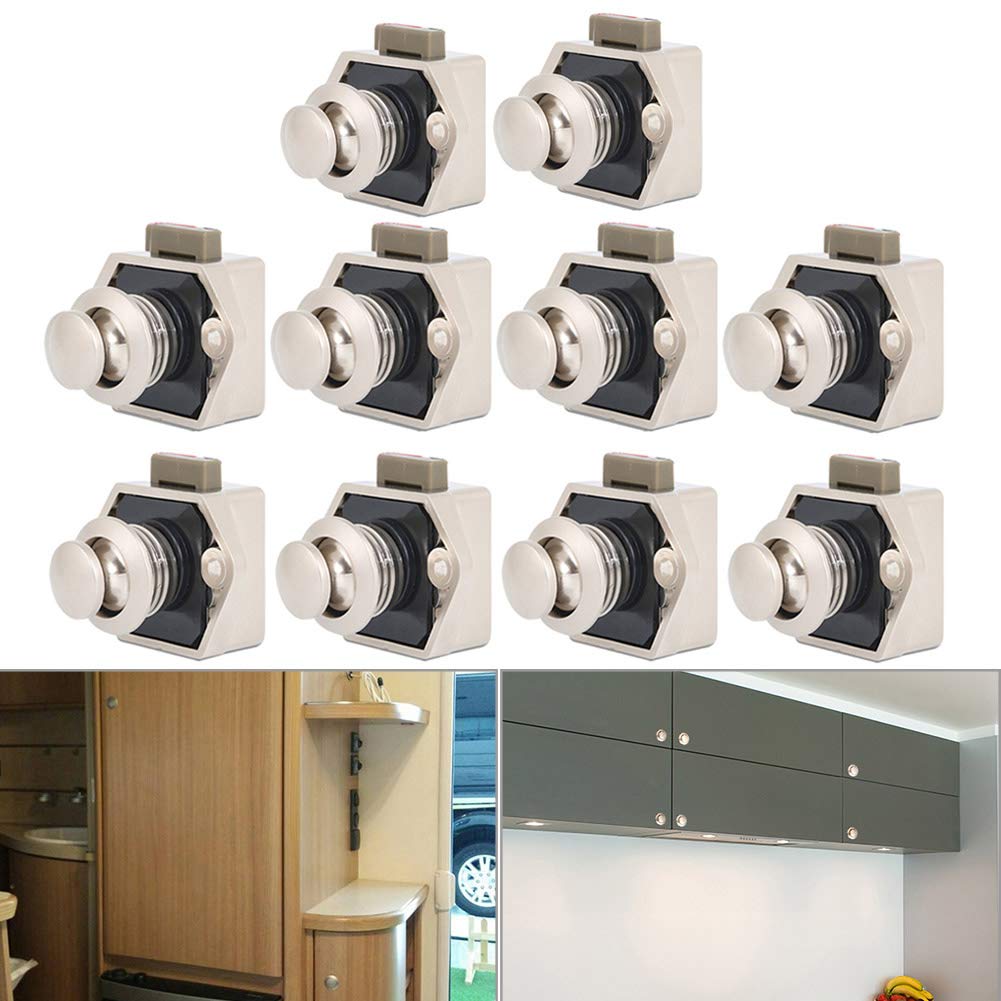 10 pezzi Push Button Catch Door Lock Bloccaggio in metallo per camper, caravan, furgone, yacht Drawer cabinet Door (nichel perlato)