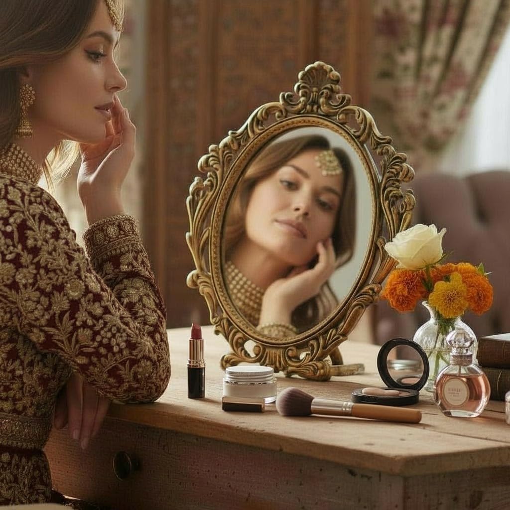 KridayKraft Table Mirror Gold Plated for Gift Love one Festival Gift Perfect for Birthday, Anniversary Wedding (Floor Mount, Oval, Framed)