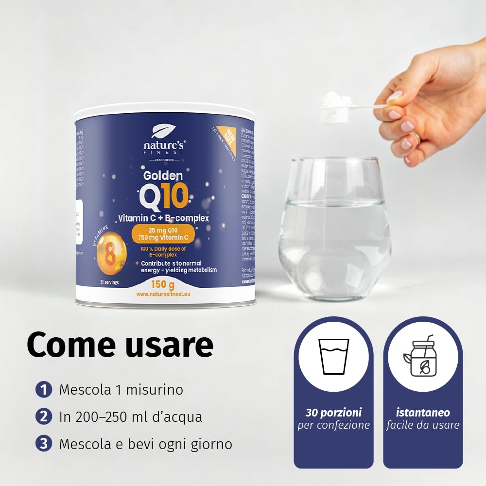 Nature's Finest Golden Q10, 150 g - Coenzima Q10 con Vitamina C in Polvere e Complesso Vitamina B - Integratore Alimentare in Polvere Gusto Arancia