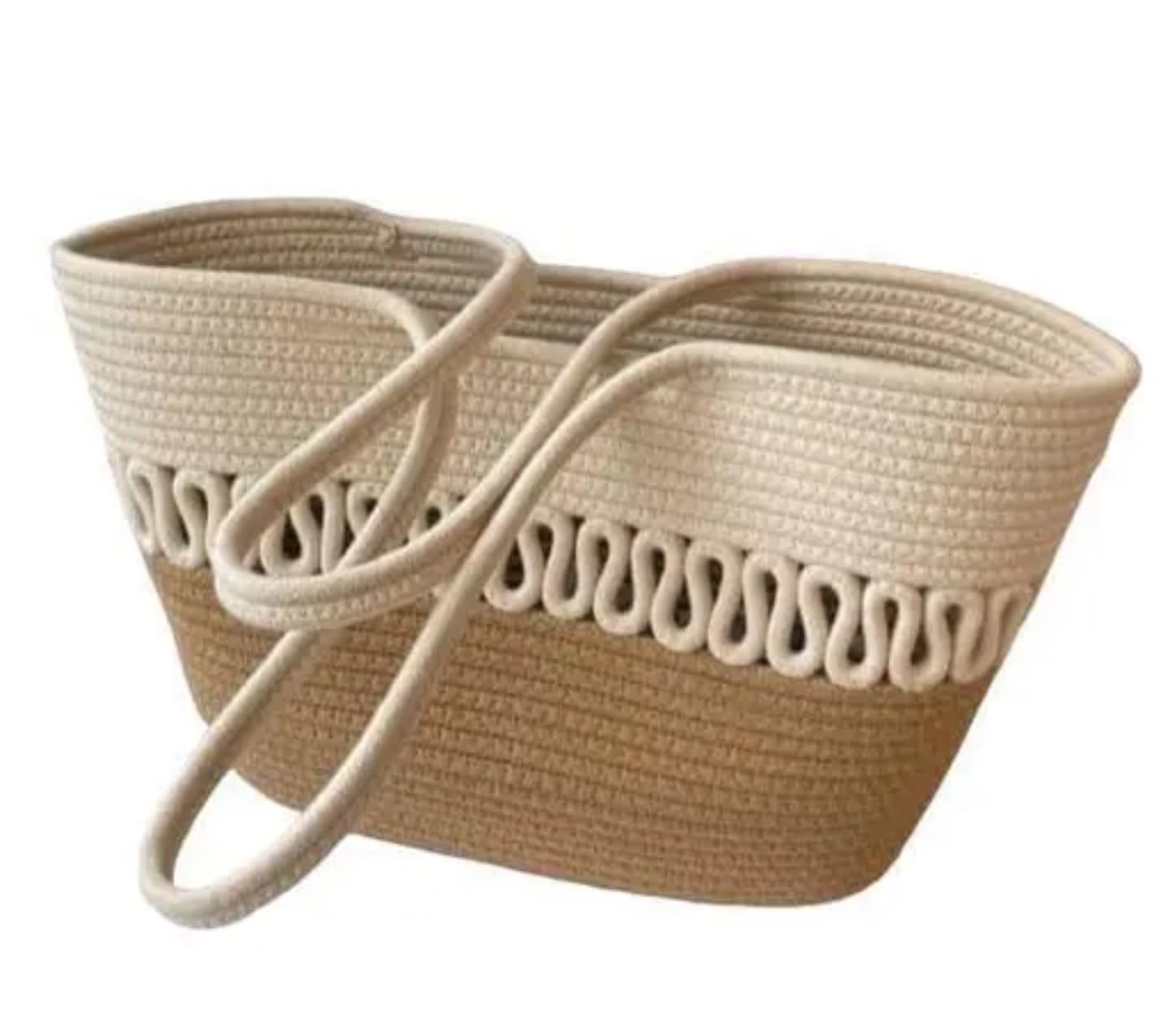 Bolsa de playa tejida de dos tonos, yute natural y algodón blanco, patrón decorativo