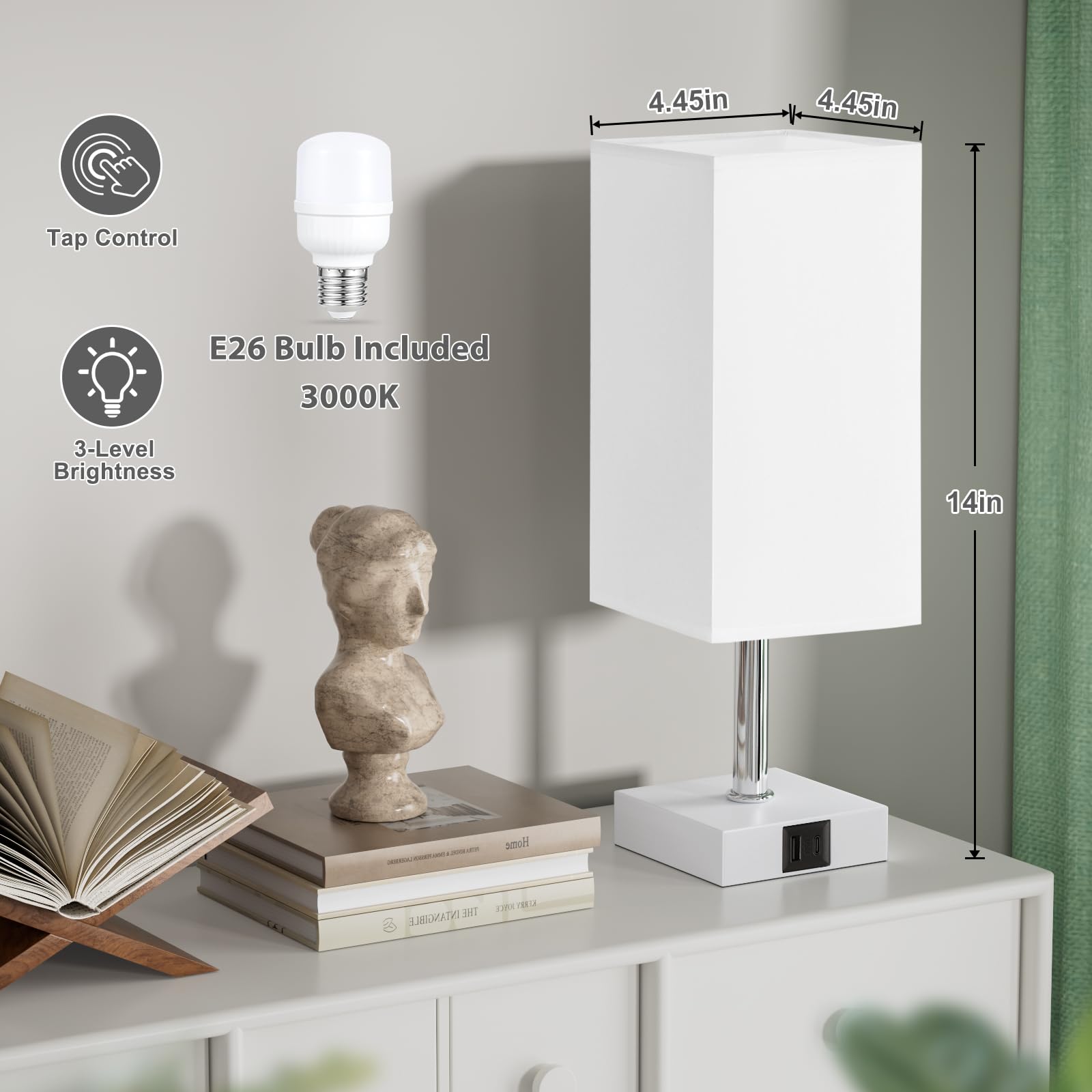 Ambimall Lampa stołowa ze sterowaniem dotykowym z portami ładowania USB A+C – 3-kierunkowe lampy dotykowe przy łóżku, lampka nocna do sypialni, salonu, przedszkola, żarówka LED w zestawie (biały