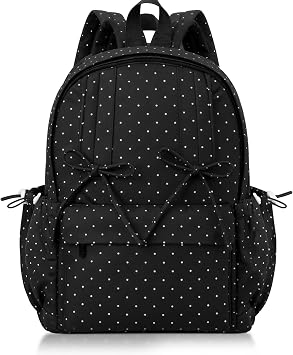 Polka Dot Backpack for Women Black White Kawaii Nylon Bookbags with Bow Ladies Polka Dot Rucksack Casual DaypackLarge