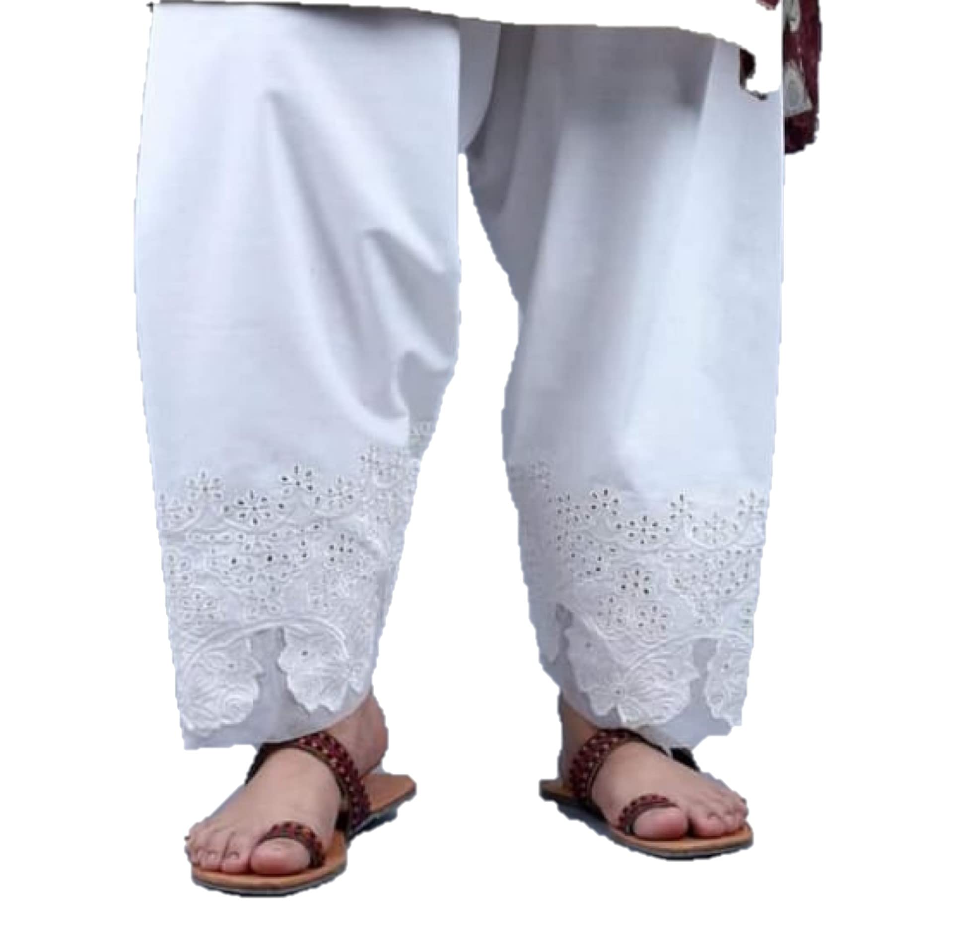 SUFIA FASHIONS Women’s Pakistani Indian White Lace Trouser Cotton Embroidery Shalwar Salwar Pant Elasticated with Strings SF104