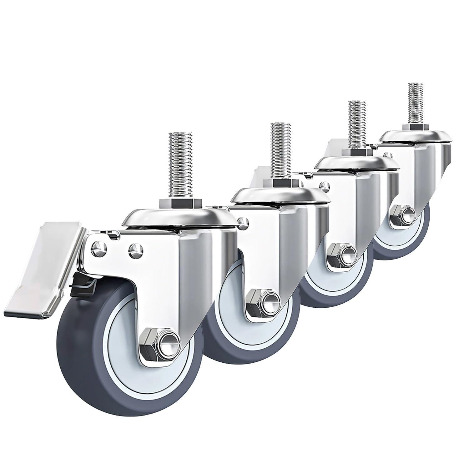 4個セット 3/4/5インチ スイベル キャスター ルM20*30mmステムネジ付き ノイズなし ゴム車輪 ブレーキ付き 荷重350