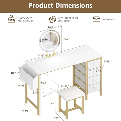 Miniatura 3 de Escritorio de tocador dorado con espejo y luz - Juego de tocador de maquillaje con mesa y silla, almacenamiento, espejo iluminado, 4 cajones grandes