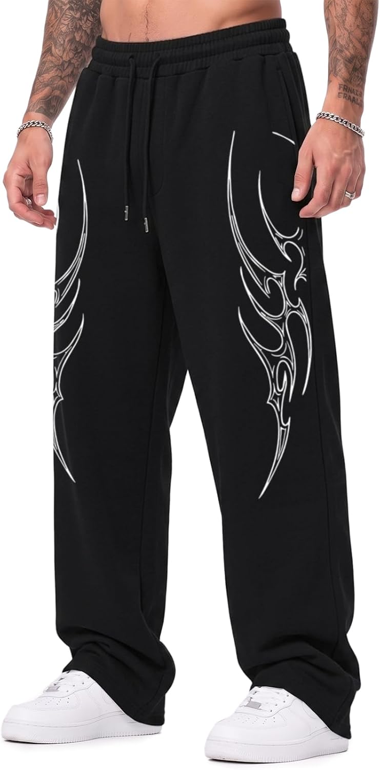 Men's Y2K Gothic Wide Leg Sweatpants Baggy Goth Grunge Drawstring Pants 2000s Streetwear Graphic Joggers with Pocket