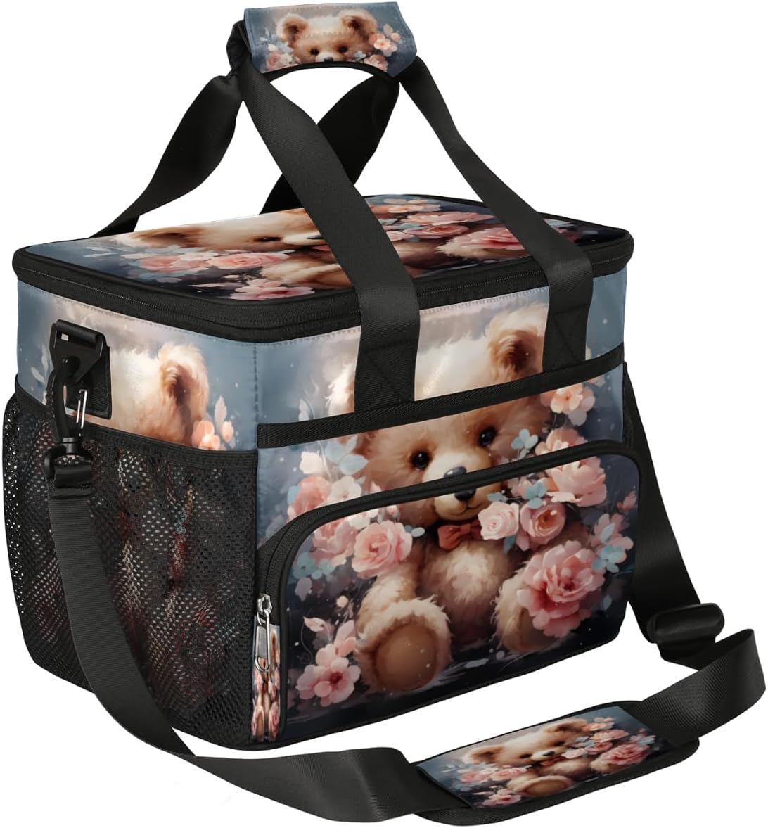 Insulated Picnic Backpack Lunch Box for Women Men Picnic Basket Tote Lunch Bag Picnic Bag Portable Lunch Bags for Picnic, Beach, Work, Trip,Office, Camp Romantic Bear with Flowers