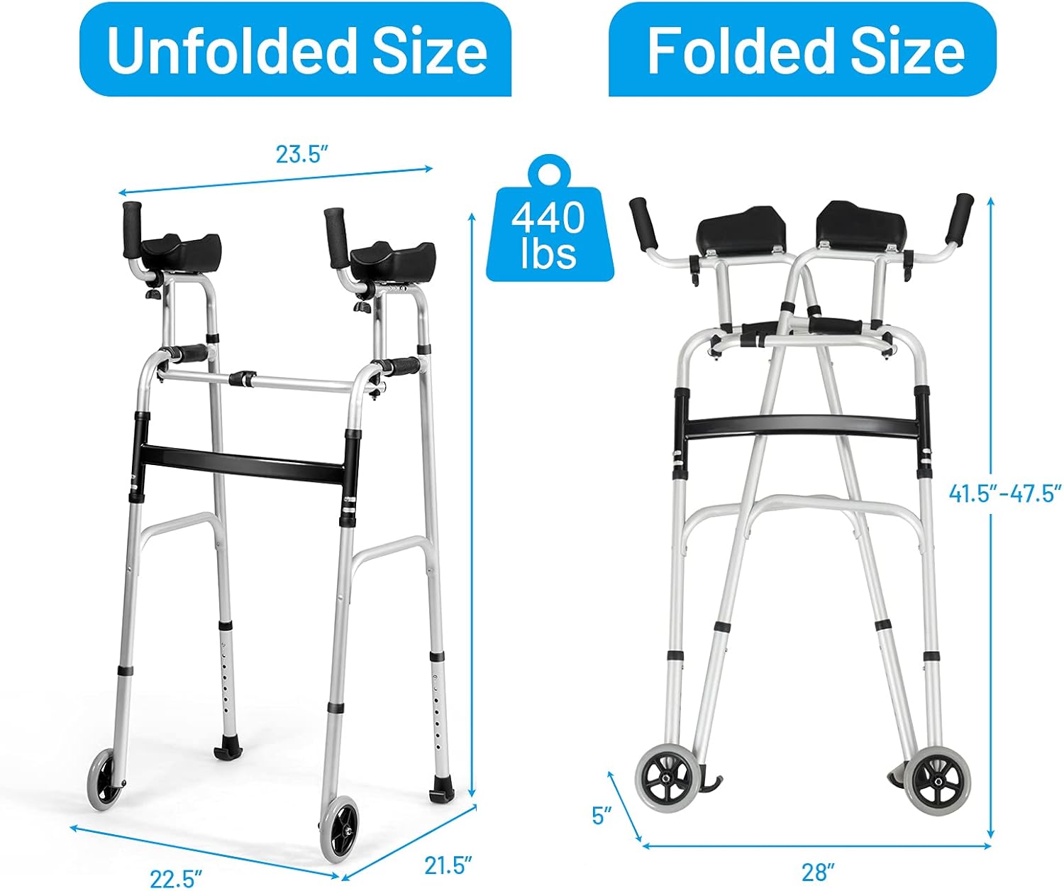 GYMAX Folding Walker, Adjustable Standard Walker with Removable Armrest, Seat, Wheeled Rolling Rehabilitation Auxiliary Walking Aid for Senior, Disabled, Limited Mobility (Silver) : Health & Household