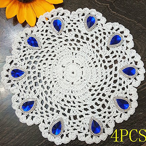 succi shan Pure Handmade 4pcs Crochet Cotton Lace Round Table Mat Placemat Doilies Home Dining Table Decorative Textiles Fabrics Yarn Coasters 7inch (White with Blue Beads)