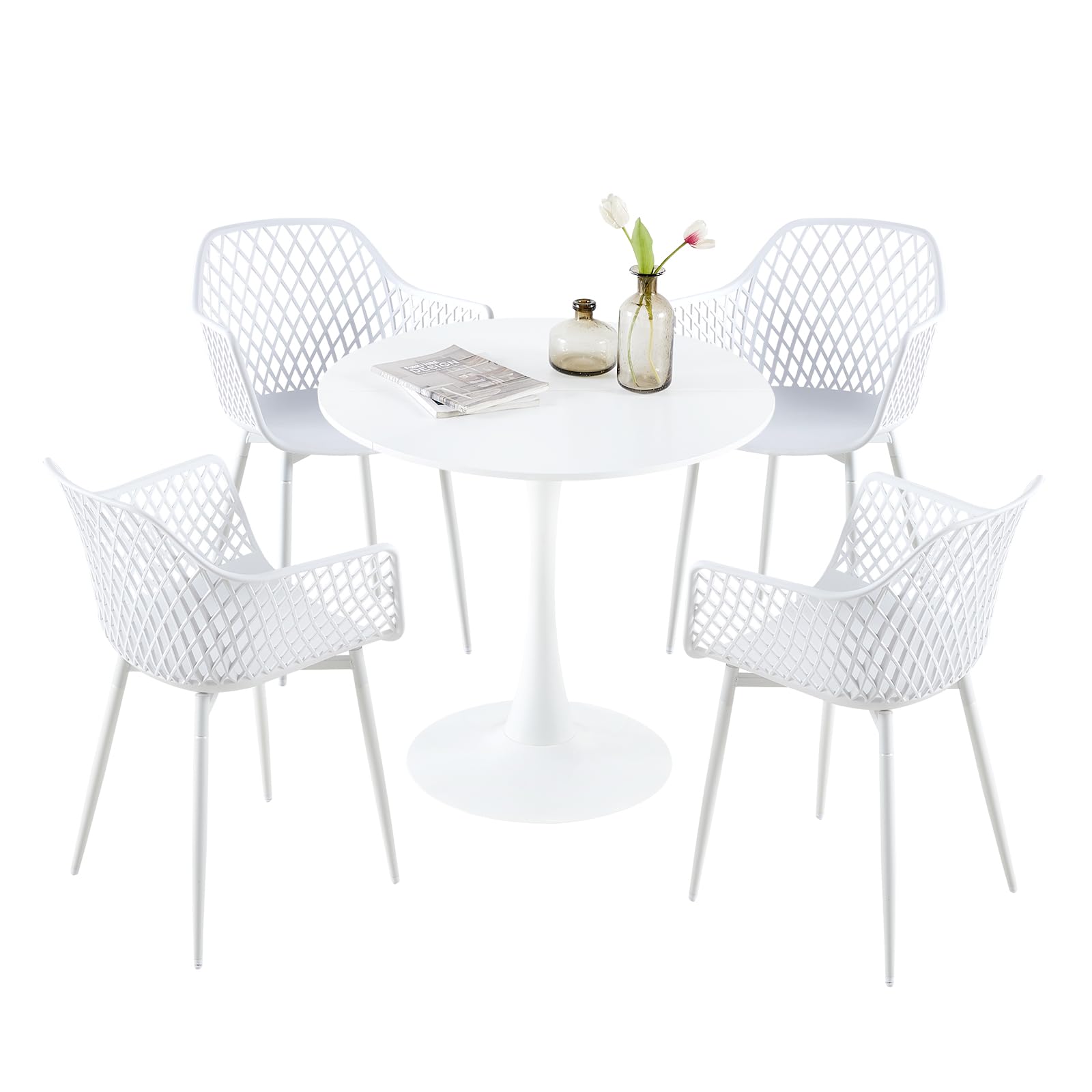 buybyroom Skandinavisches Weißem Esstisch und 4 Weißen Stühlen, Runder Esstisch, Küchenstühle, Geeignet für Wohnzimmer, Esszimmer und Büro, 80 cm Runde Unterbrochene Tischplatte