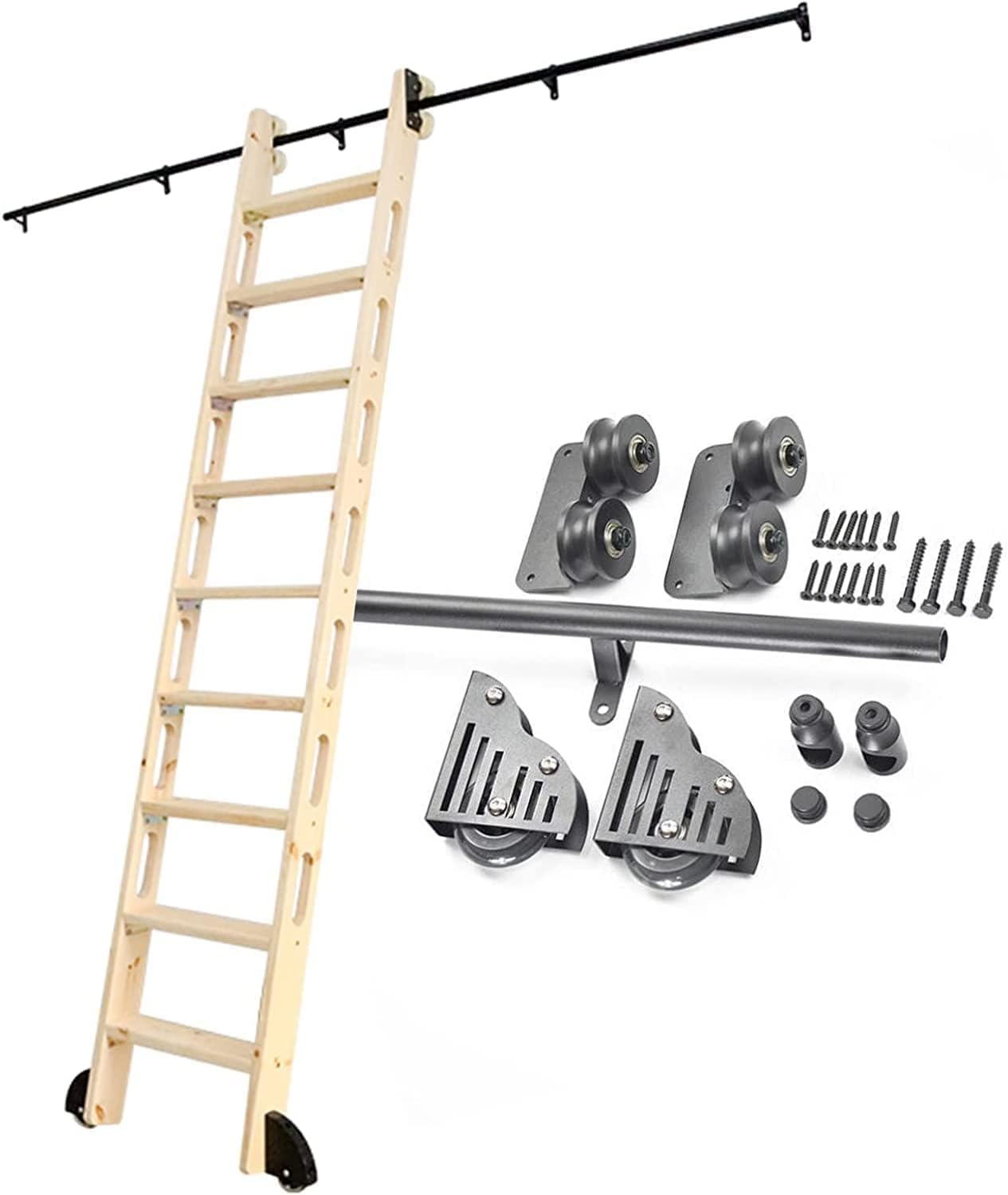 Rolling Ladder Hardware Library Sliding Ladder Hardware Kit Round Track/Rail,with Floor Roller Wheels,3.3-20Ft Black Stainless Steel Round Tube Mobile Ladder Track/20F,13ft/400cm Track Kit