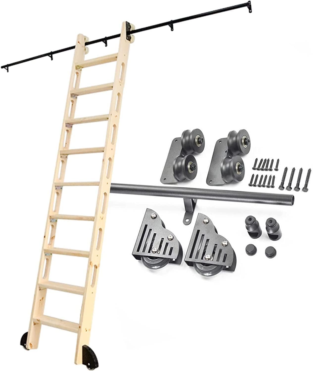 Kit de quincaillerie pour échelle coulissante en acier noir de 20 pieds avec rail rond mobile au sol