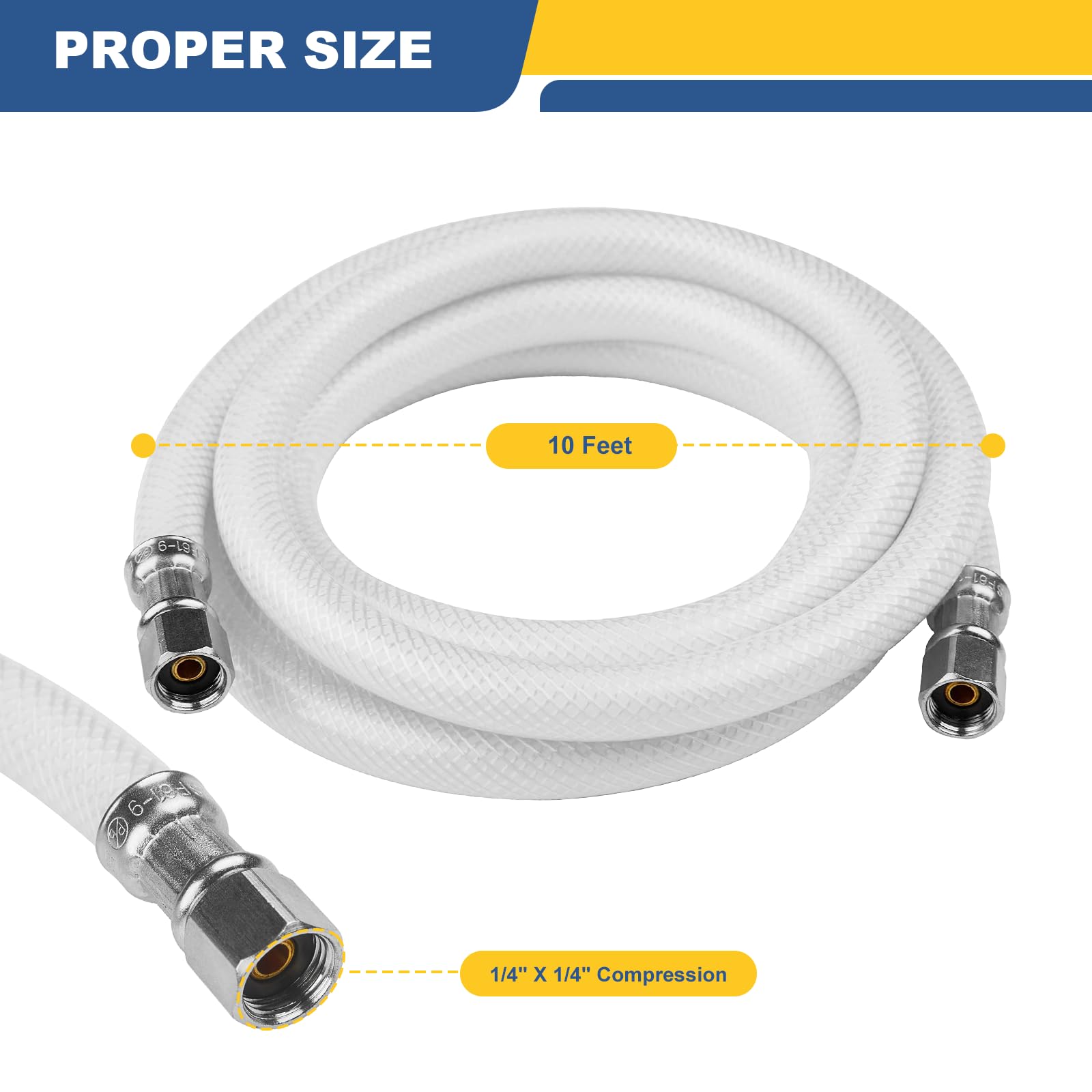 10 Ft Stainless Steel Refrigerator Water Line - 1/4" Compression Ends, Includes Wrench & Sealing Tape, Leak-Proof Ice Maker Hose - View #5