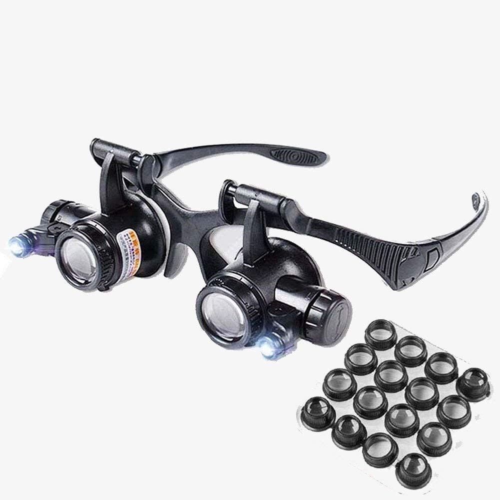 Lupa para Lectura Lupa LED 2 Lupa montada en la Cabeza, Cabeza de Doble Ojo con Lupa Lupa de reparación de Reloj con 2.X a 25X Ocho Grupos Montura de Cabeza de Lente Magni