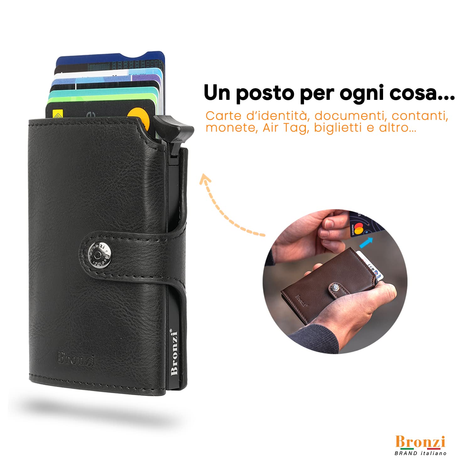Bronzi® Portafoglio Uomo Slim Piccolo | Portacarte Uomo Donna Portatessere Porta Carte Di Credito | Portafogli Mini Protezione RFID con Portamonete | Box Regalo - Brand Italiano