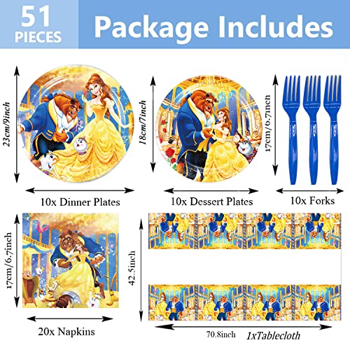 51Pcs Beauty And The Beast Party Supplies,Princess Belle Party Tableware Set,Dinner Dessert Plates Napkins Forks Tablecloth For Girls Princess Birthday Tea Party Table Decor,10 Guests #TOP5