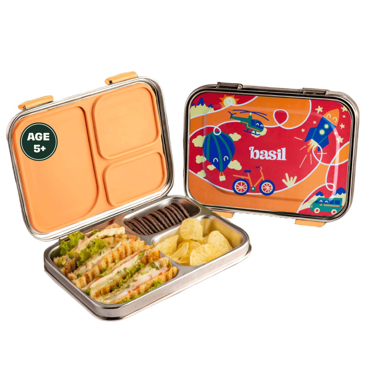Basil Bento Box - Lunch Box for Kids, 900 ml | 3 Compartment Lunch Box | Stainless Steel Tiffin Box for Kids | Leak Proof Lunch Box | Ideal Tiffin Box for Kids for School | Bento Lunch Box -Red (B0CTMQF324) Amazon Price History, Amazon Price Tracker
