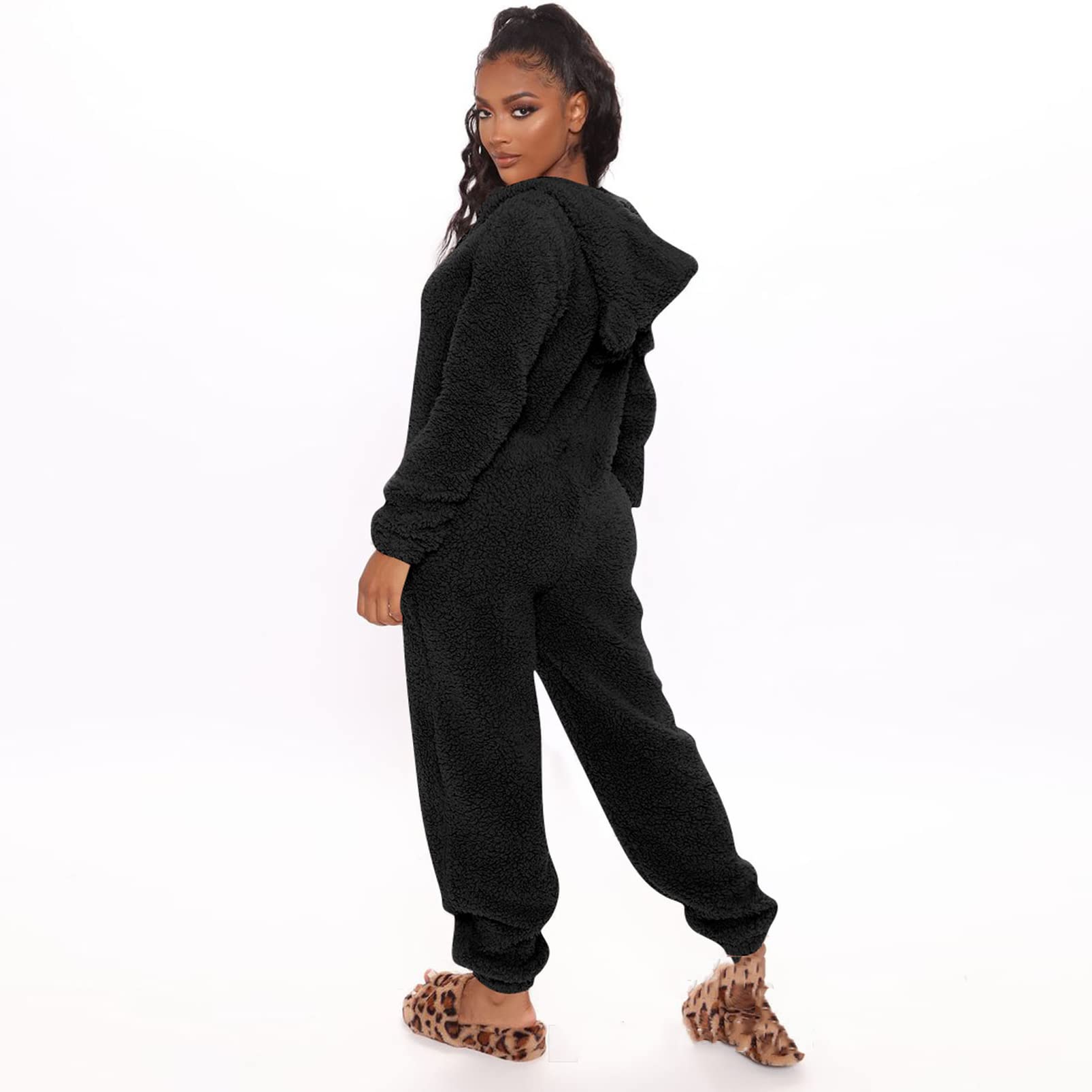 CUTTE Damen-Pyjama, Lässiger Overall mit Kapuze Fleece Langärmlig Heimkleid Nachtwäsche Herbst-Winter Niedliche Nachtwäsche