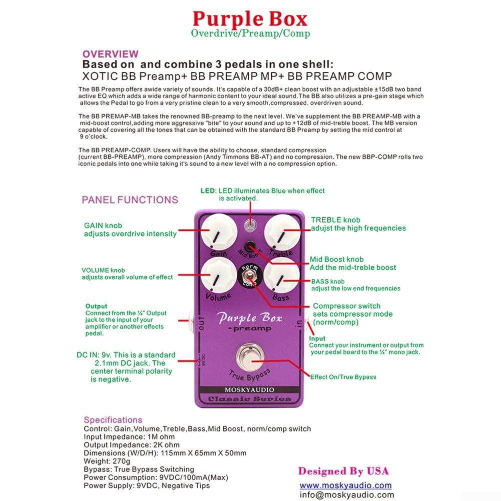 Audio Box Preamp Overdrive Pedale, Equalizzatore a 2 Bande con Boost, Effetto True Bypass Metallo Chitarra Elettrica, Viola