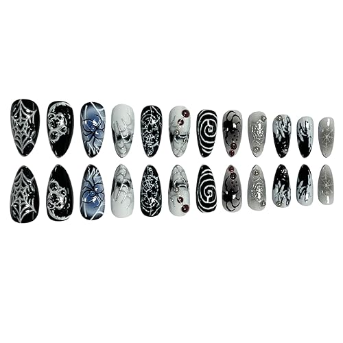 Miniatura 189 de Uñas postizas a presión de Halloween, cuadradas, medianas, francesas, color negro, degradado, cobertura completa, calavera, corazón rosa, con Uñas