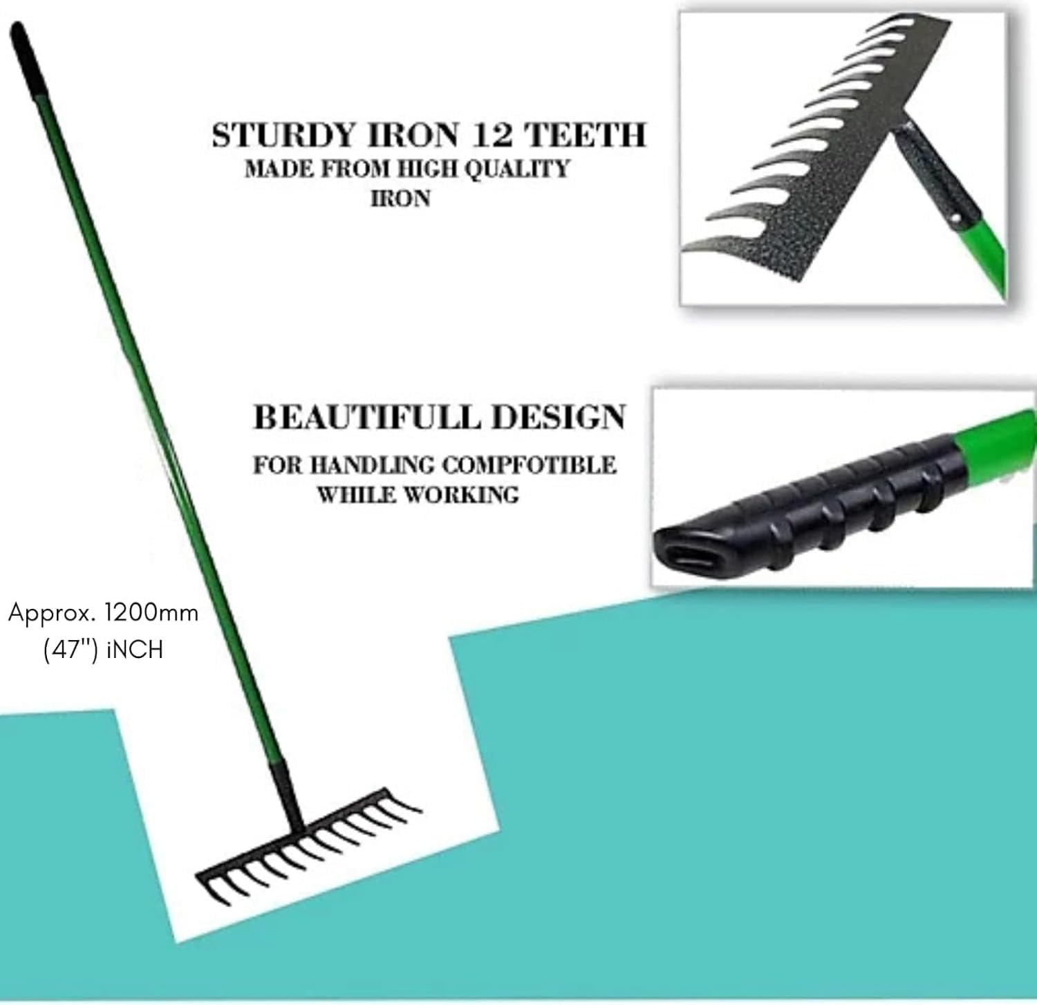 Carbon Steel Garden Rake Heavy Duty Metal Leaf Rake for Lawn, Soil, Gravel & Garden Beds, Strong Wide Head Rake for Levelling, Weeding & Debris Collecting, Long Handle Yard Tool - 4