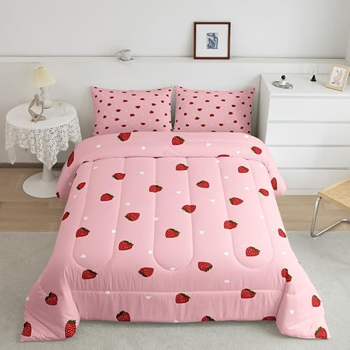 Feelyou Juego de edredón de fresas para niñas, tamaño Queen, ropa de cama Kawaii linda con 2 fundas de almohada, 3 piezas