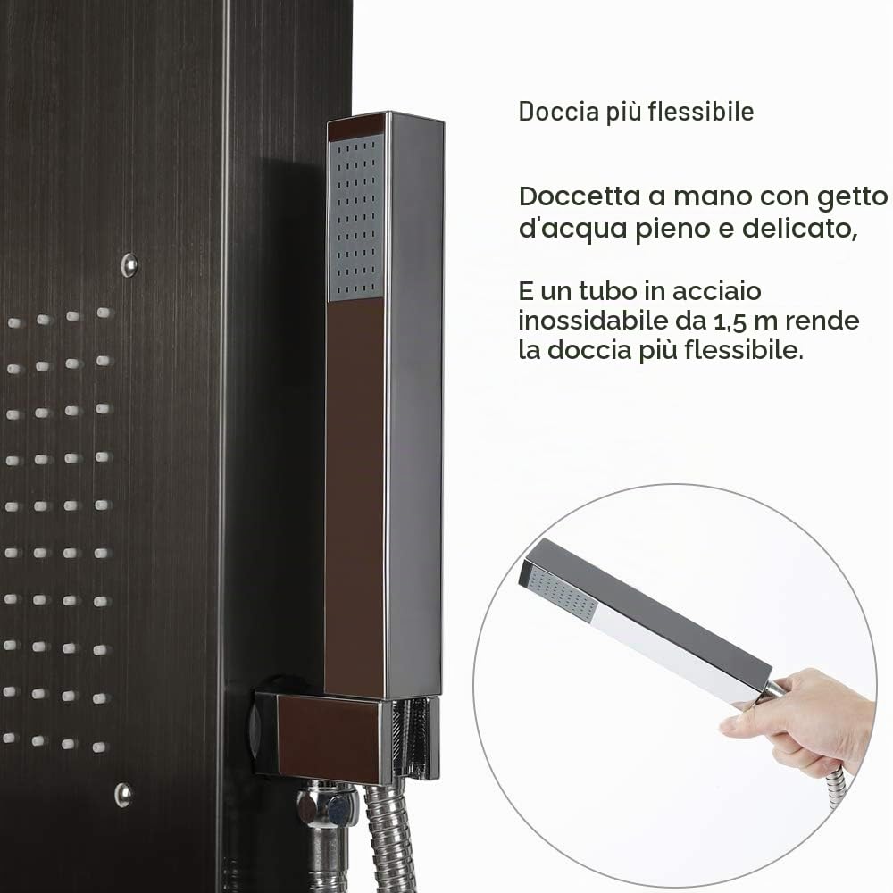 Colonna Doccia Idromassaggio Pannello Doccia Set in 304 Acciaio Inox con Miscelatore 5 Funzioni, Doccia Spa per Bagno, Altezza: 140 cm - Processo di lucidatura (Nero)