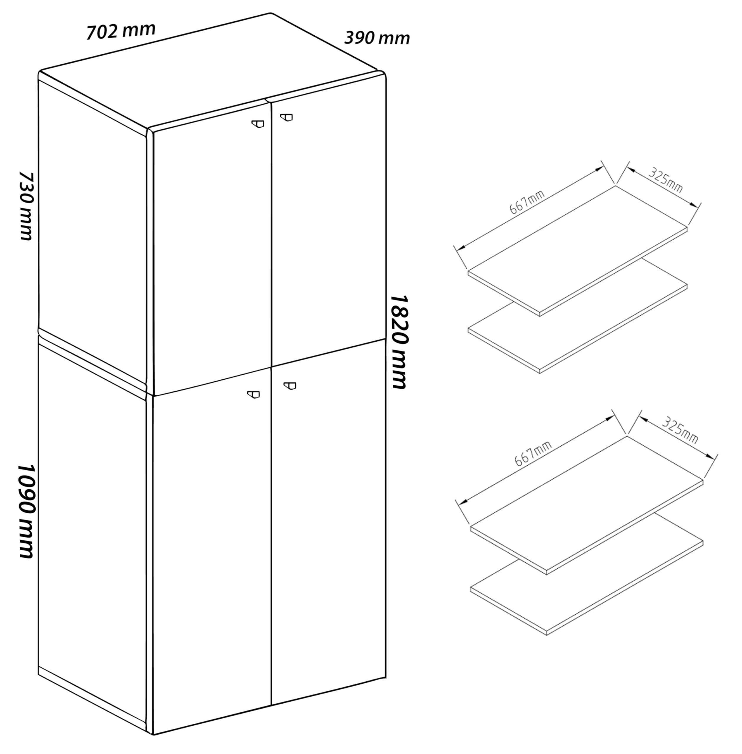 VCM Holz-Schuhschrank, Maße: B. 70 x H. 184 x T. 40 cm, Allzweckschrank, 9 Fächer, 4 Drehtüren - Lona