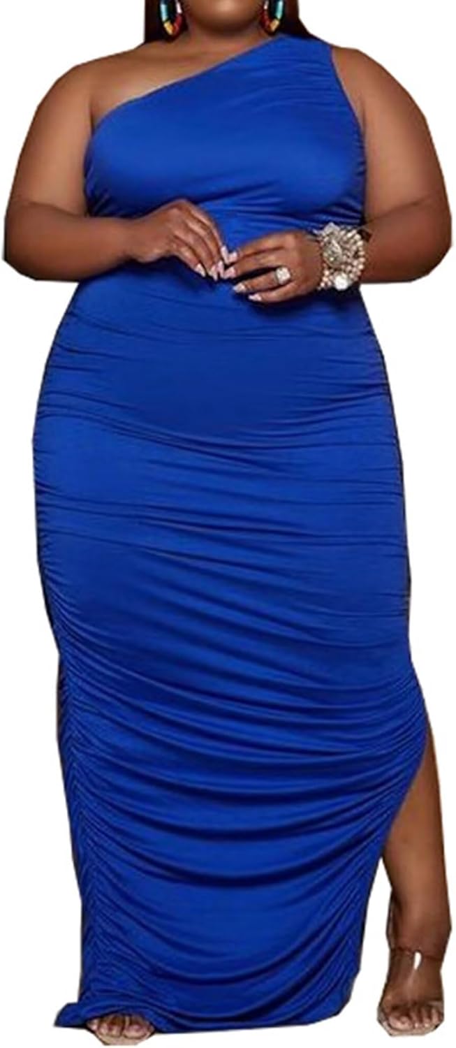 Womens Sexy Plus Size One Off Shoulder Sleeveless Bodycon Ruched Evening Pencil Party Maxi Dresss