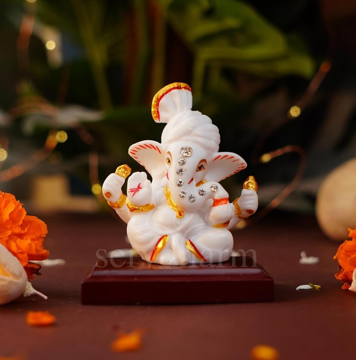 Servdharm Pagri Ganesh Ji with Pedestal Murti Decorative Showpiece for Home Decor | Ganesha Idol for Car Dashboard, Home Temple, Office Desk, or Puja Room | God Idol for Puja and Festive Gifting 3.2"