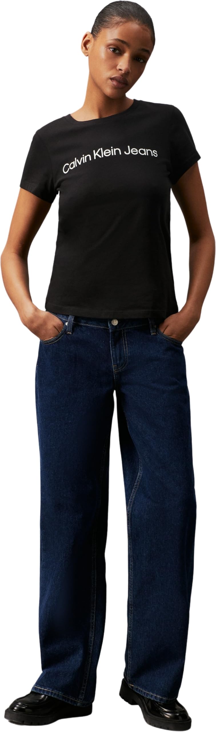 Calvin Klein Donna T-Shirt Maniche Corte Core Logo Slim Fit Tee Scollo Rotondo