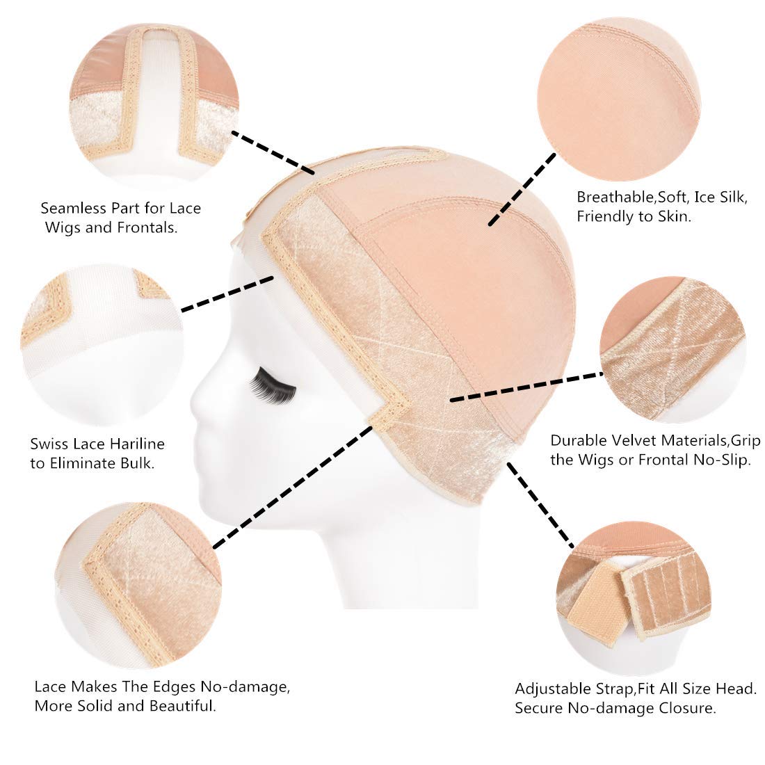 Lace Comfortable Velvet Wig Cap with Silk Band for All Lace Wigs and Frontals, Seamlessly Blend Hairline and Part (Beige)