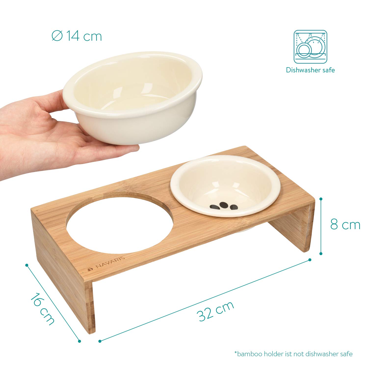 Navaris Set 2X Ciotola Cane Gatto Ceramica - 2X 360ml con Base rialzata in bambù- Set di 2 scodelle con Supporto in Legno per Cibo Acqua croccantini