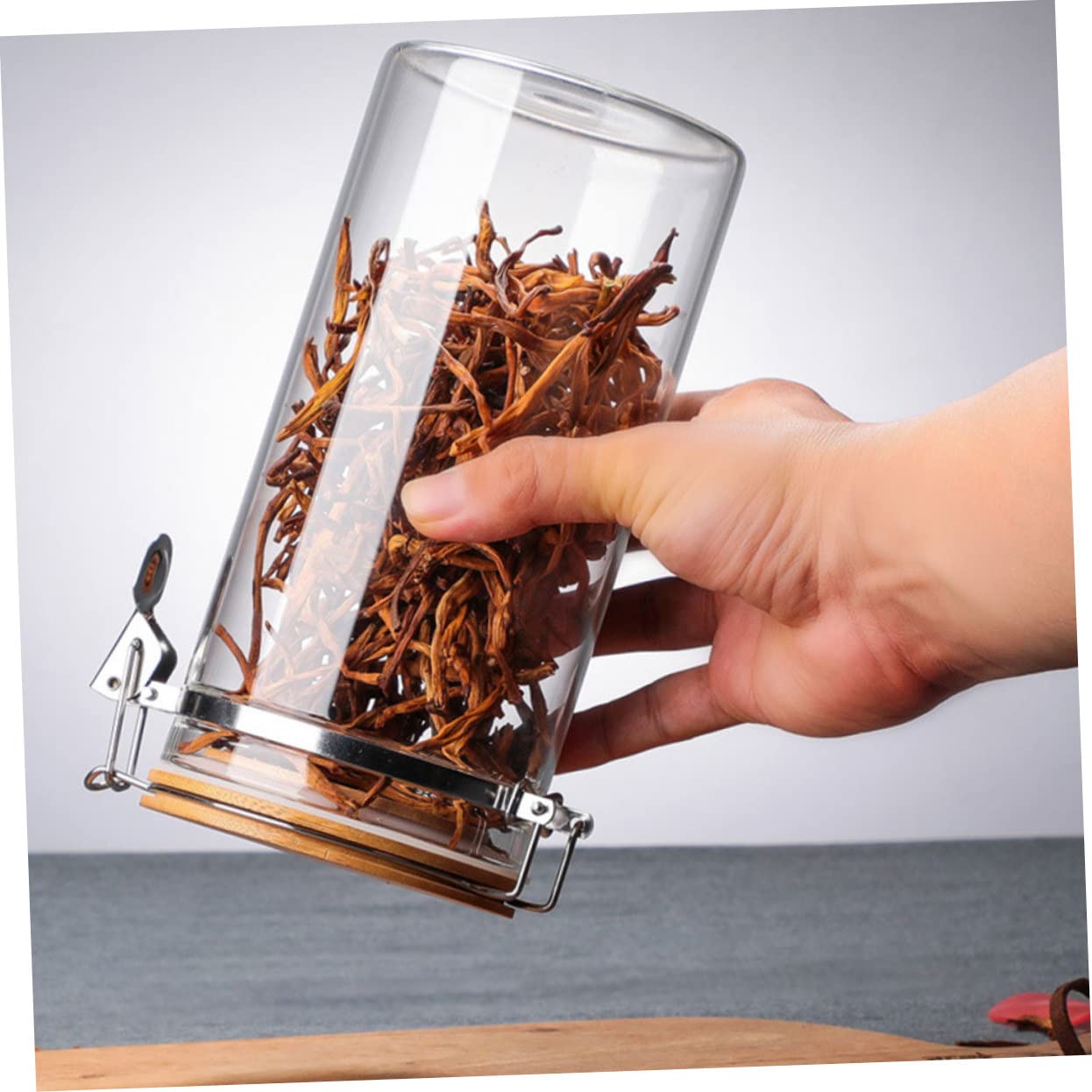 Vorratsglas 2 Stück-pack 1140ml und 1280ml aus Glas mit Edelstahl Holz | Küche, für Tee und Lebensmittel, Stabile Struktur, Deckel mit Schutz, Zwei Größen für Geordnete Lagerung