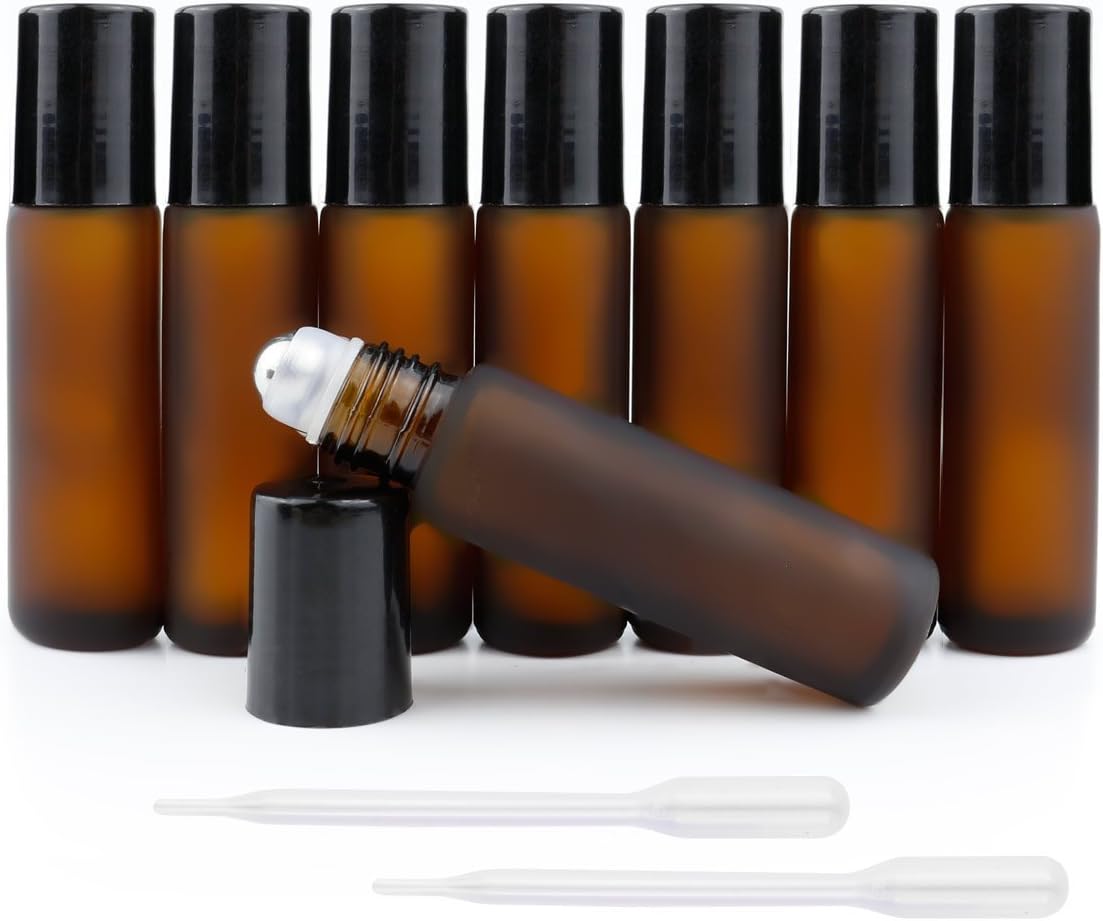 8 Pack - Essential Oil Roller Bottles [STAINLESS STEEL ROLLER] 10ml Refillable Glass Roll On for Fragrance Aromatherapy Oils - Metal Roller Ball w/ 0.5ml Dropper Transfer Pipettes - 10 ml 1/3 oz [Amber Frosted]