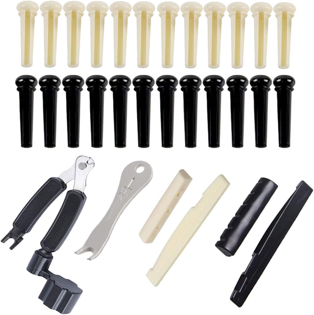 Guitar Bridge Set lnclude 24 Pcs Guitar ABS Plastic Bridge Pins, 4Pcs Guitar Bone Bridge Saddle and Nut, Stainless steel Guitar Bridge Pin Puller, 3 in 1 Guitar String Winder Cutter Pin Puller