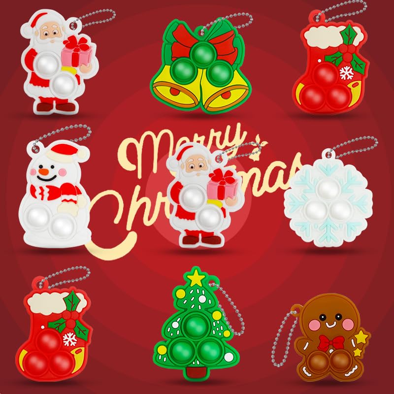 Cosiesnest 14 PCS Mini Christmas Fidget Keyring Pack Cartoon Keychain Christmas Pop Poppet It Fidget Set for Xmas Tree Decor, Stress Relief Xmas Stocking Fillers Gifts Party Favours