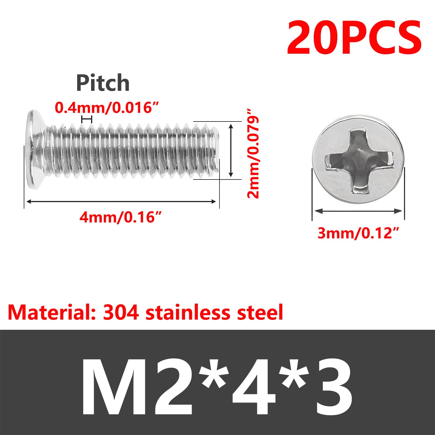 Qrity M2x4mm Vite a Testa Svasata, 20 Pezzi Piccole Viti Testa Phillips in Acciaio Inossidabile, Per Mobili, Macchina, Argento