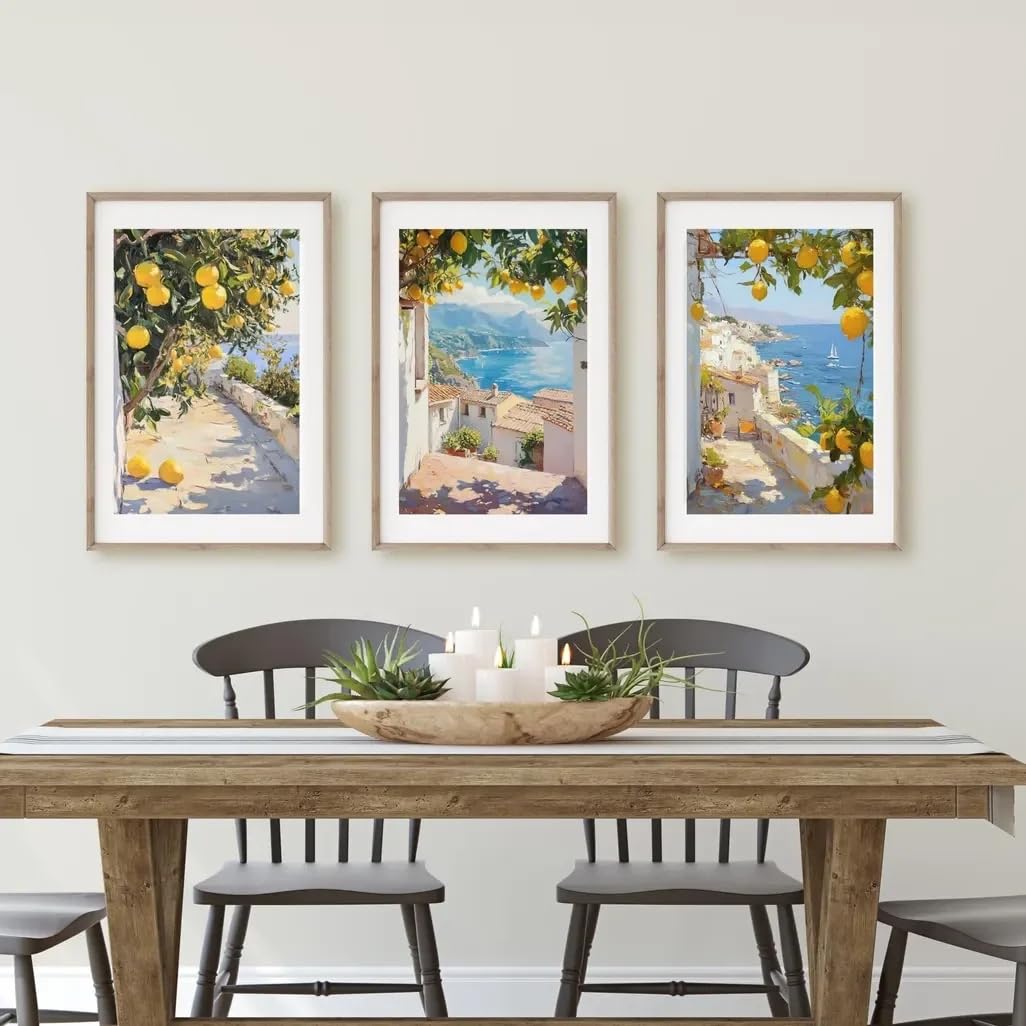 GOSRD Coast With Lemons Poster Mediterranean Cityscape Wall Art Rustic Kitchen Prints Canvas Paintings For Room Decor(40x55cm-3Pcs)