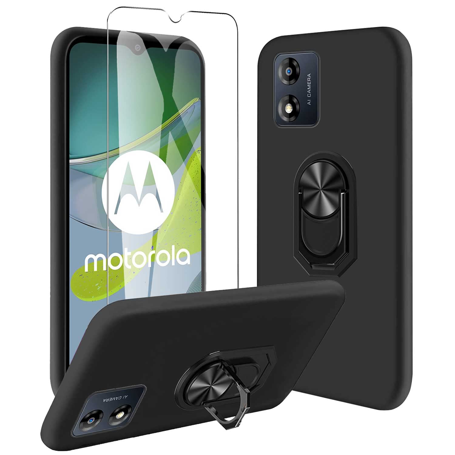 Custodia + Vetro Temperato Per Motorola Moto E13 - Nero, Cover Morbida In TPU Antiurto - Protezione Completa Con Kit Di Pulizia - 3