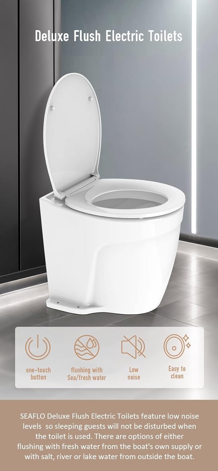 SEAFLO Deluxe Flush Electric Marine Toilet Boating Head - Fresh Water, Quiet Flush, Soft Close Seats (12V DC)