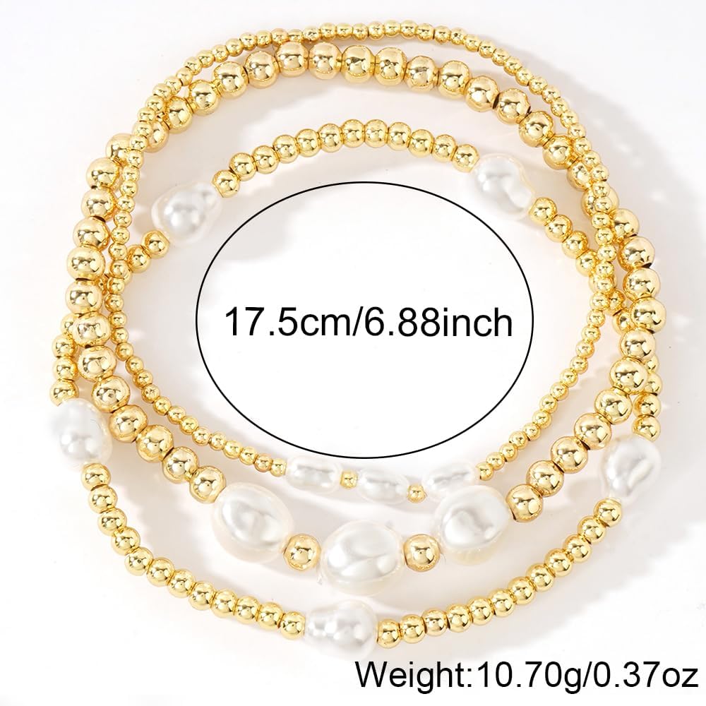 Gold Beaded Bracelet Stack for Women - 14K Gold Plated Beads Stretch Pearl Bracelets Set, Non Tarnish Trendy Stackable Jewelry Gifts for Birthday Beach Vacation Prom Friendship - Image 6