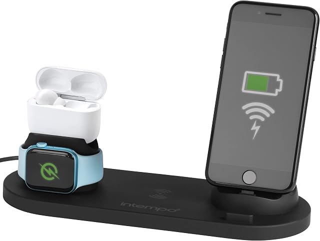 Intempo EE6307BLKSTKEU7V2 4 in 1 Wireless Fast Charging Dock for Qi Devices, Compatible with iPhone, Samsung, AirPods, AppleWatch, Rotating Charging Station, for Home, Office and Night Stand Use, 18W