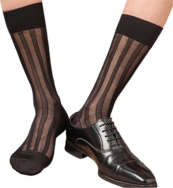 Mens Casual Business Dress Socks Middle Calf Wide Stripe Sheer Nylon Stockings Formal Suit See Through Silk Sheer