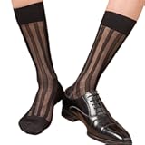EINCORN Mens Casual Business Dress Socks Middle Calf Wide Striped Sheer Nylon Stockings Formal Suit See Through Silk Socks