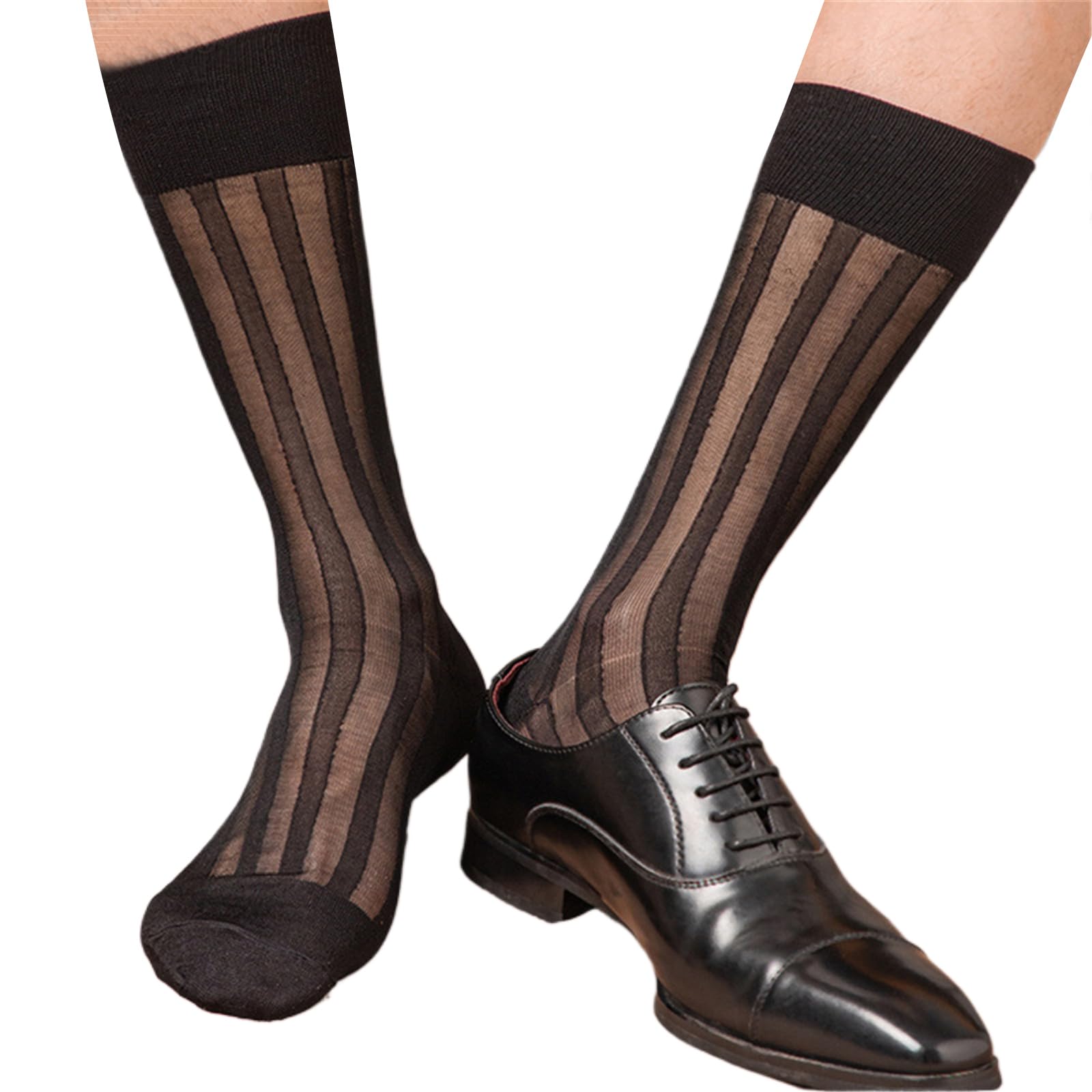 HUAJINGKEJI Mens Casual Business Dress Socks Middle Calf Wide Stripe Sheer Nylon Stockings Formal Suit See Through Silk Socks