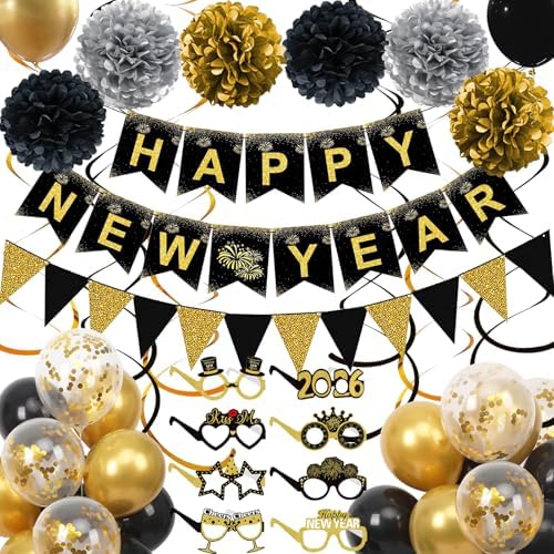 Amazon.com: Happy New Years Decorations 2026, Black and Gold New Years ...