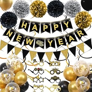 Happy New Years Decorations 2026, Black and Gold New Years Banner, Triangle Flag Banner and Hanging Swirls, Pompoms with Confetti Balloons, Glasses, Eve Party Supplies 2026