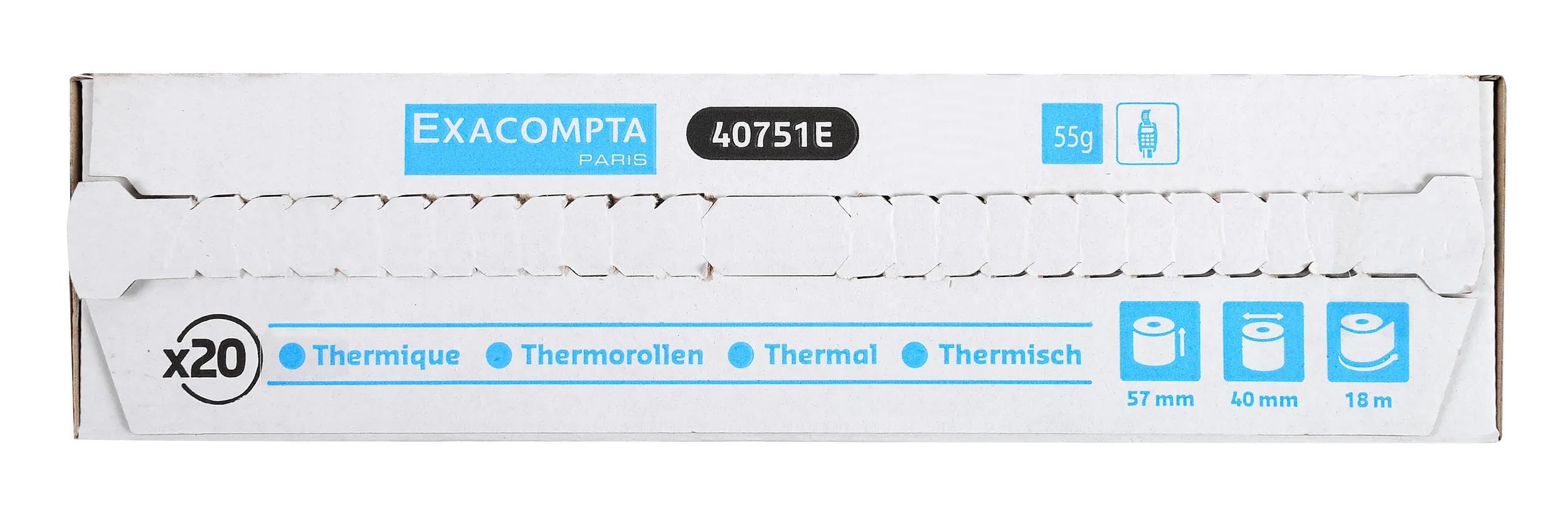 Exacompta - Réf. 40751E - Carton de 120 bobines pour tickets de carte bancaire - largeur 57mm x diamètre 40mm - mandrin 12mm - 1 pli thermique 55g/m² sans BpA - Métrage (+ ou - 2m) : 18 m - Blanc