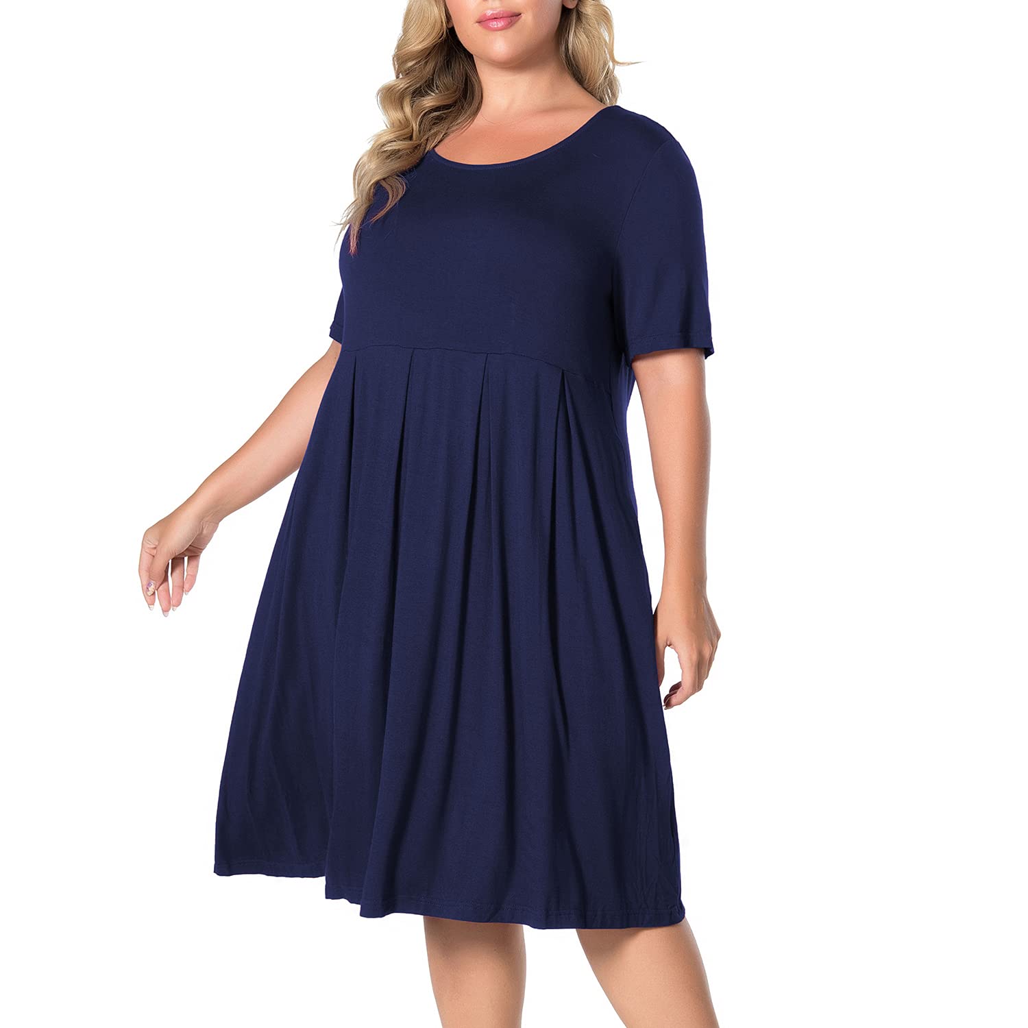 (Similar)Women's Plus Size 3x)Short Sleeve Dress Casual Midi Round Neck Pleated Swing Dresses with Pockets